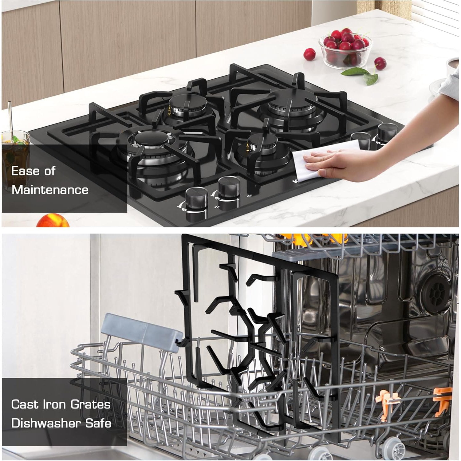 24 Inch Black Gas Cooktop - Built-in Dual Fuel Natural Gas & Propane Stove - 4 Burner Convertible Cooktop with Thermocouple Protection
