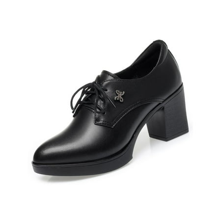 

Tenmix Women Oxfords Chunky Heels Mid Heel Dress Shoes Lace Up Leather Shoe Ladies Lightweight Non-slip Black 4.5