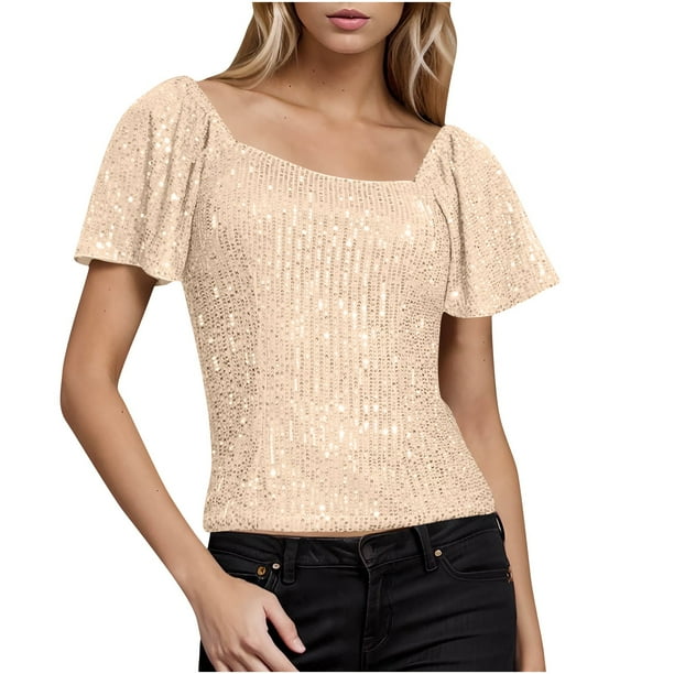 Mujeres de Manga Corta Tops Color Sólido Lentejuelas Moda Casual Top 95% Poliéster 5% Spandex, Nueva Blusa de Cuello Redondo para la Fiesta Y Diario