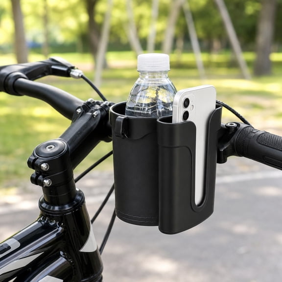 Bike Cup Holder Phone Mount 2 in 1, Universal Water Bottle Cage with Phone Holder for Bicycle Scooter, Anti-Slip Black, Fits Water Bottles