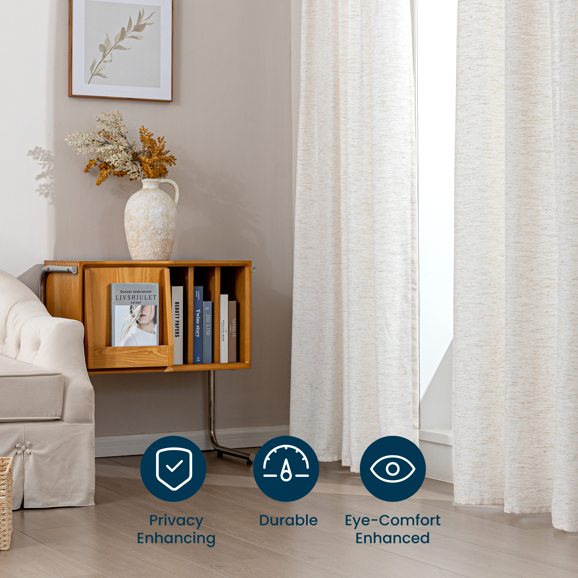 Sleep Zone Flax Linen Blended Sheer Curtains Pack of 2, Semi Panel Curtains Living Room, 52" x 84" Beige