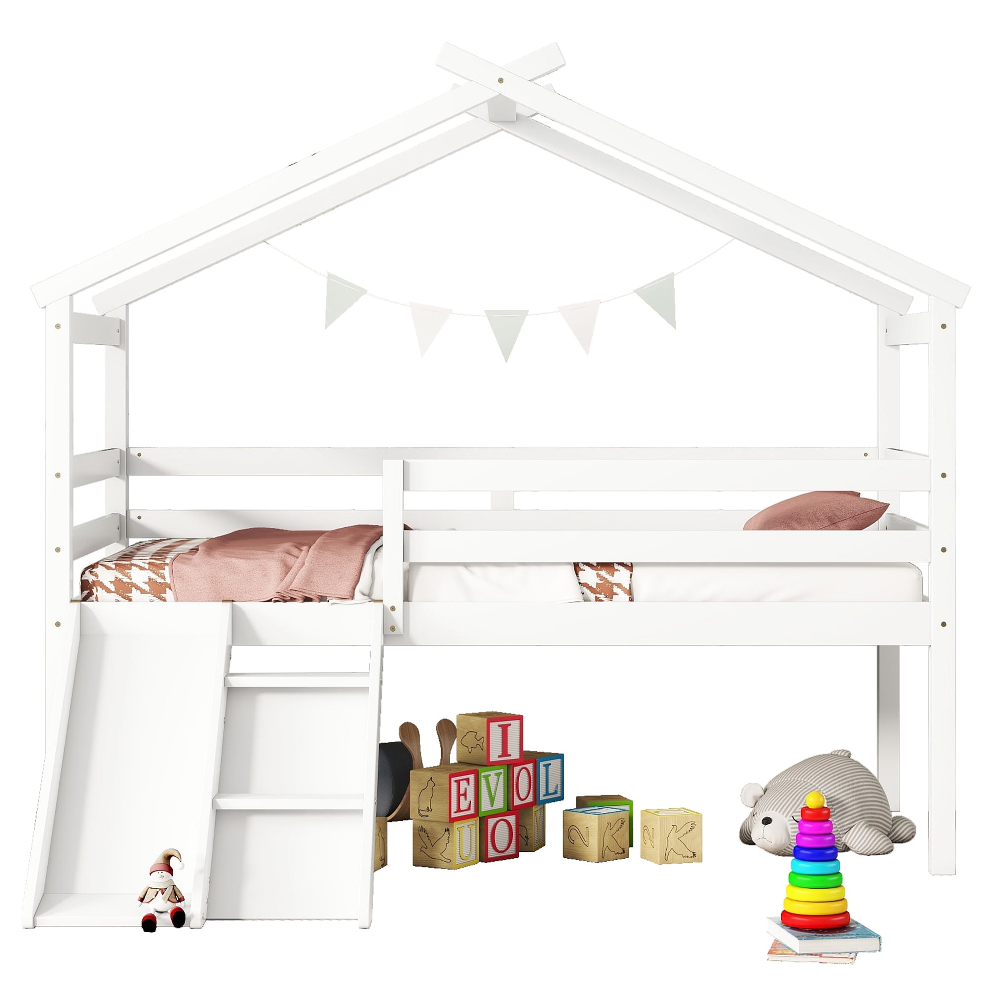 Aukfa Twin Low Loft Bed with Slide for Kids, Wood House Roof Bed Frame for Girls/Boys Bedroom, White