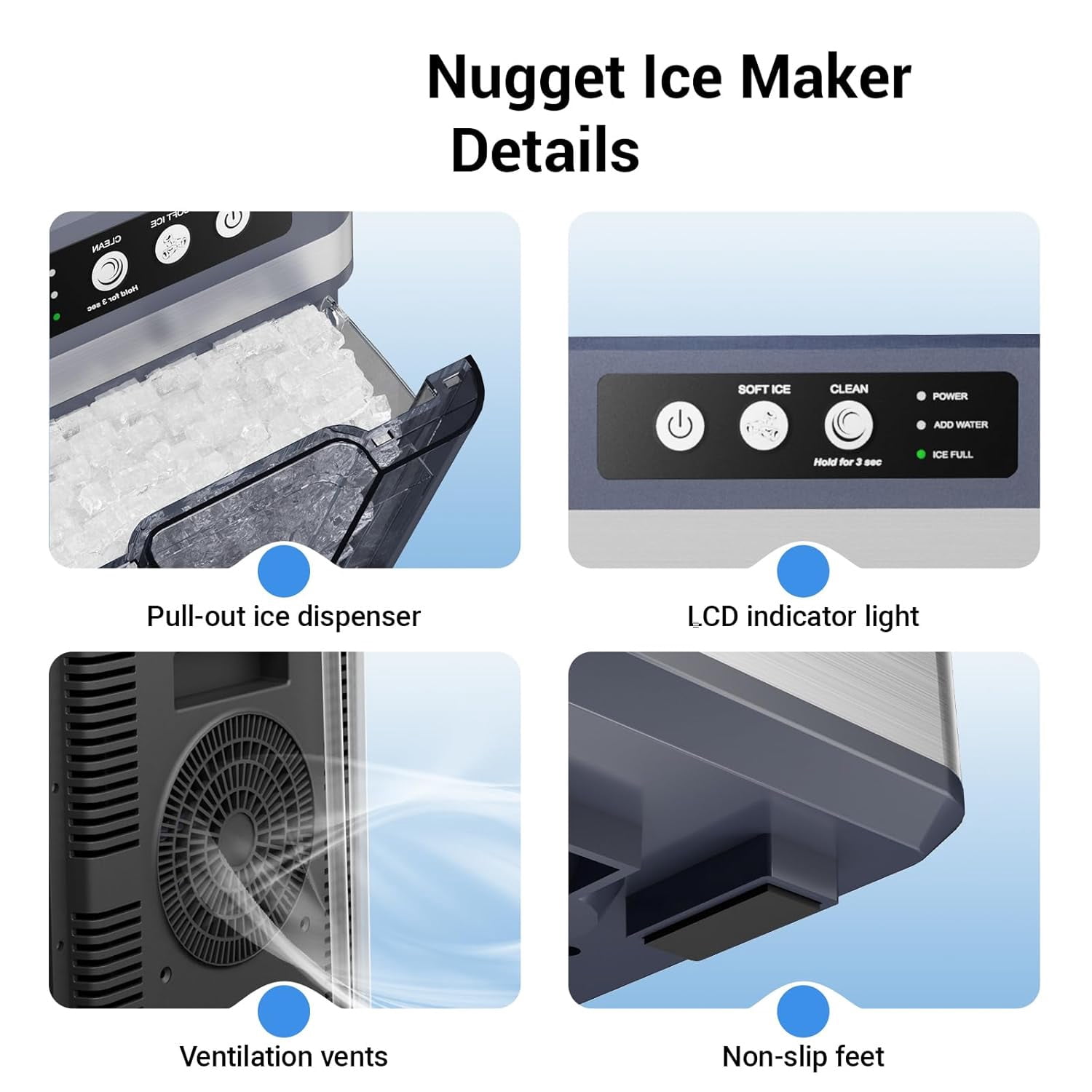 Nugget Ice Maker Countertop with 0.8Gal Removable Tank, 44Lbs/24H, One-Touch Fast Ice in 6 Mins, Self-Cleaning & Ultra Quiet for Home/Office/Party