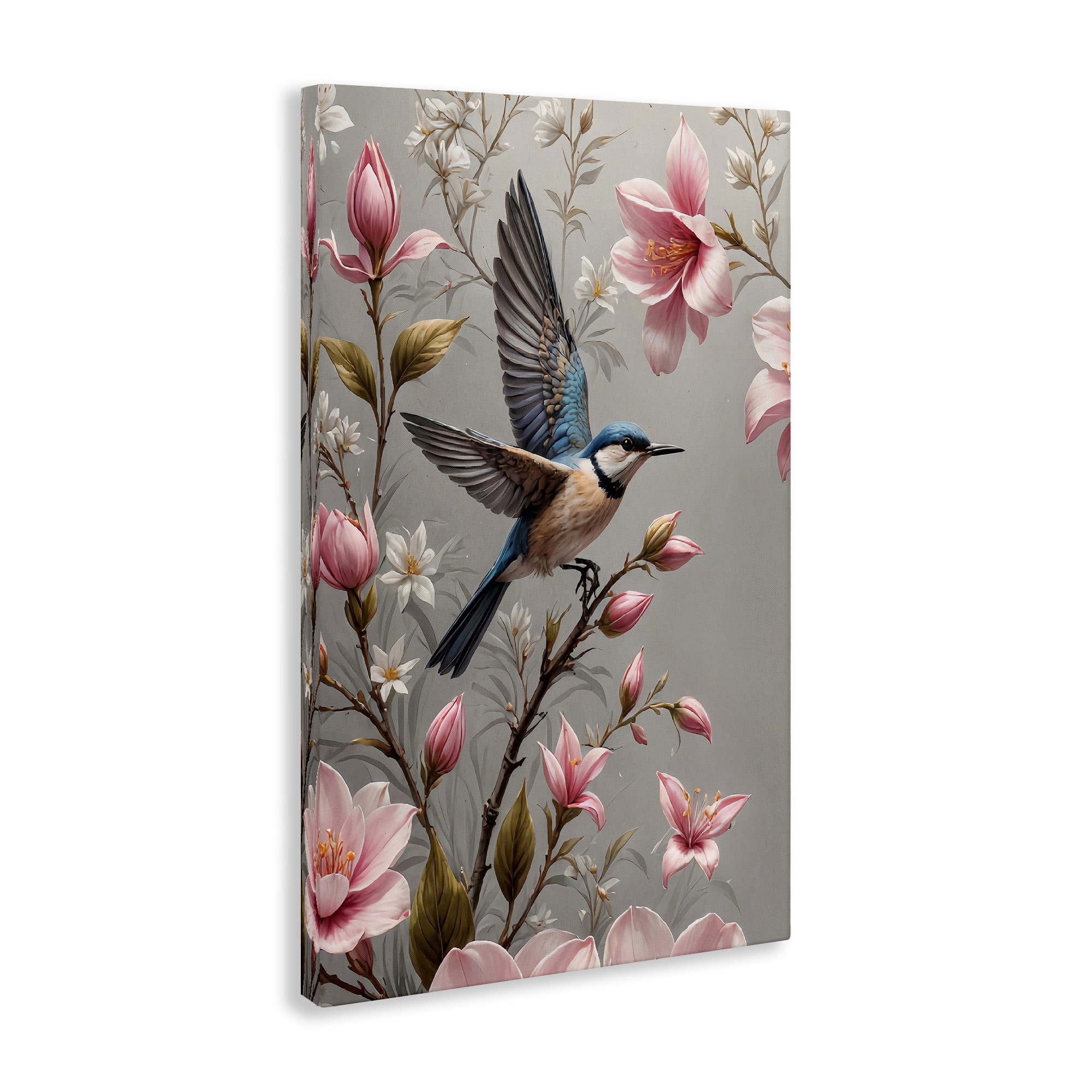 Stupell Industries Soft Pink Florals with Bird Animals Painting Wrapped Canvas Art Print Wall Art, 24 x 36