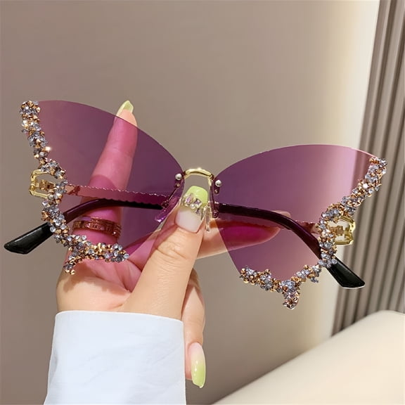 GJX Y2K Diamond Butterfly Sunglasses for Women, Bling Rhinestone Oversized Shades with Gradient Purple Lenses, Trendy UV Protection