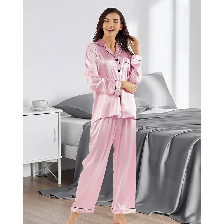Silk Satin Pajama Sets for Women Long Sleeve Button Down Pajama Set 2 Piece  Sleepwear for Women, XL