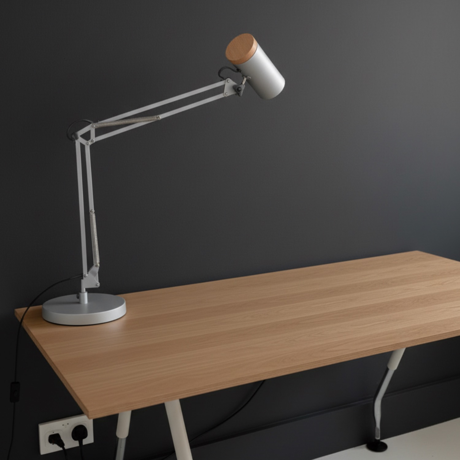 Adjustable Metal Table Lamp, Large Size Max Height 26", E26 Base, Swing Arm Desk Light with Wooden Accent, Gray