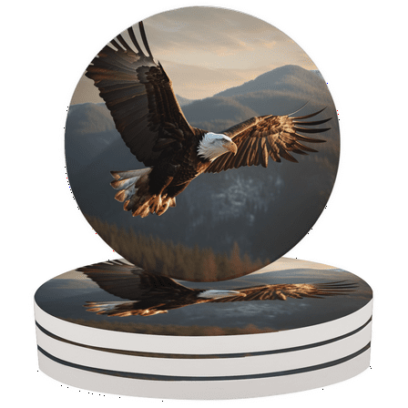 Qzaxky Round Coasters Set of 2, Soaring Eagle Absorbent Ceramic Coaster with Cork Base, Bar Coasters for Drinks Coffee Mugs Tea Cups Wine Glasses Home Decor Gifts (4 inches)