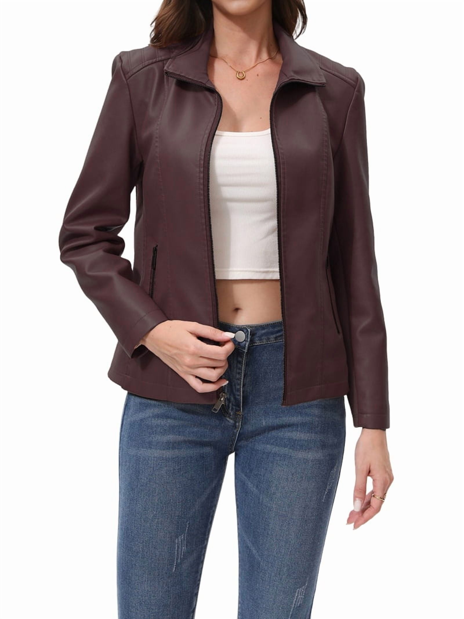 Faux Leather Jacket for Women Motorcycle Fashion Zip Up Coat Trendy Going Out Jackets Coffee XL