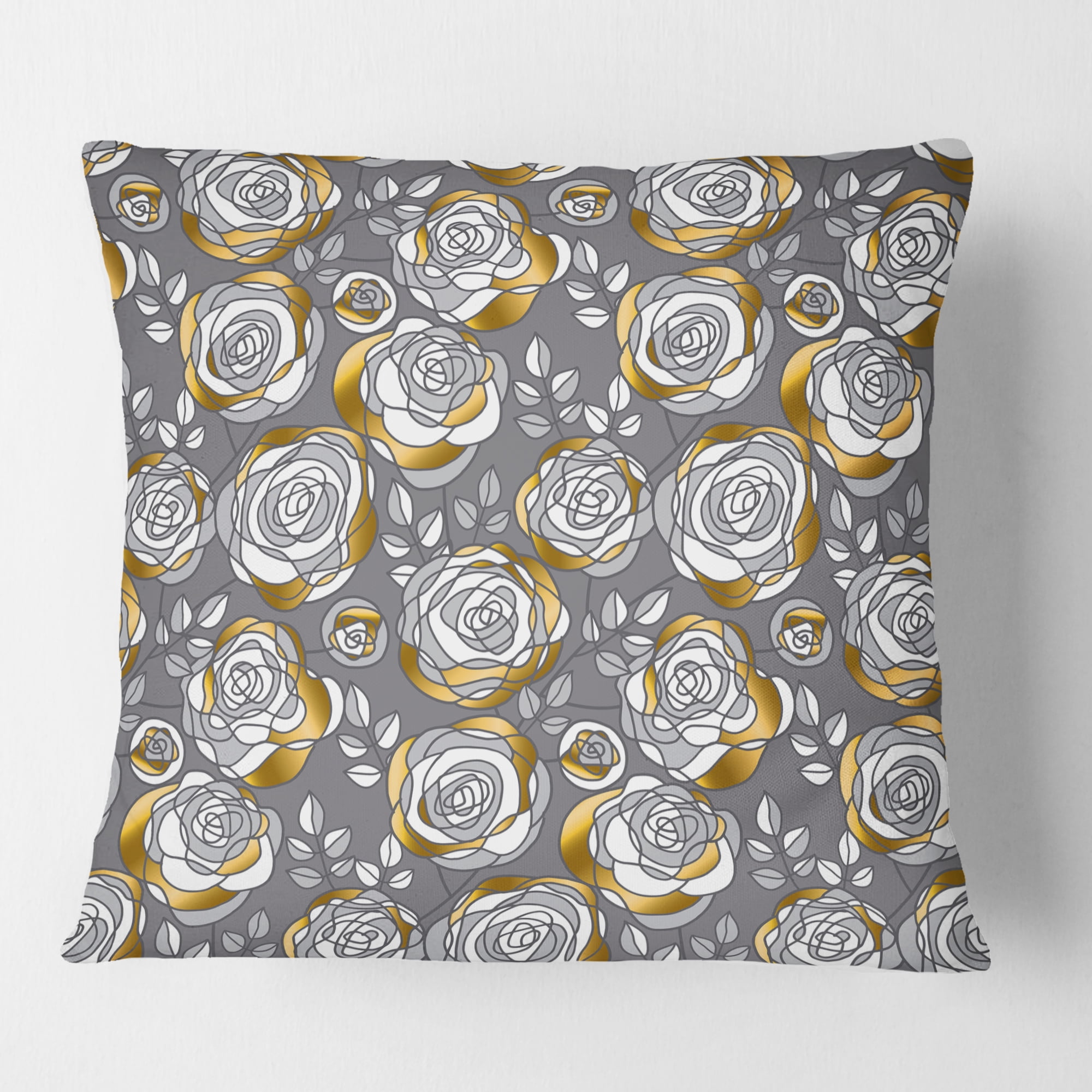 Designart Golden Rose Flowers ' Mid-Century Modern Throw Pillow - 18x18
