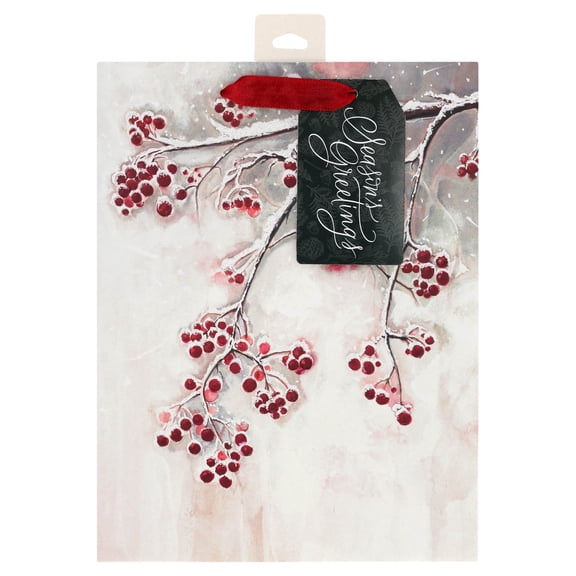 White and Red Berry Branch Christmas Paper Gift Bag, 7.5" x 4.5" x 9.75", by Holiday Time