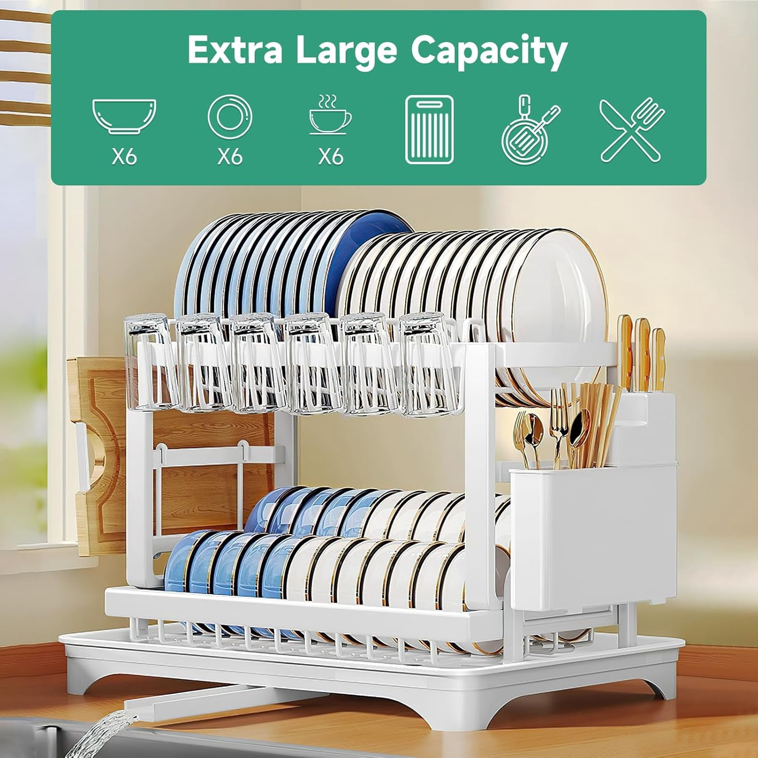 Complete Dish Drying Rack Set: Adjustable Rust-Proof Drainer with Removable Cutlery Caddy & Swivel Spout | White Countertop Space-Saving Organizer for Kitchen