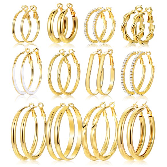 Juego de pendientes de aro dorados de 17 mm para mujer, 12 pares de 30 mm, 40 mm, 50 mm