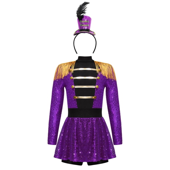 SiiRoh Girls Circus Ringmaster Jumpsuit Sequins Tassels Tutu Skirt Leotard with Hats for Stage Party Purple 8
