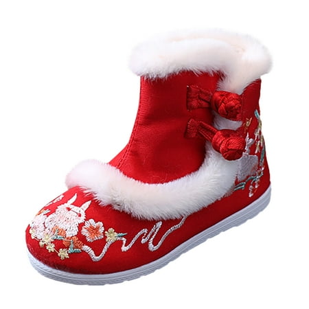 

kpoplk Winter Boots For Kids Toddler Gilrs Cloth Shoes Rubber Sole Warm Winter Snow Boots Embroidery Slippers For Toddler Girls(Red)