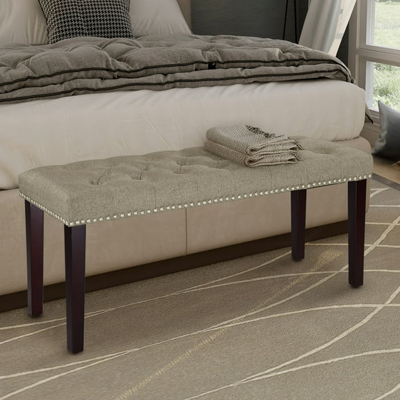 Abble W 37 in. x H 17.3 in. Beige Fabric Upholstered Bench with Button-Tufted Seat