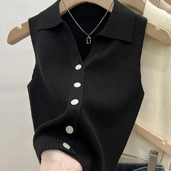 Lapel Ice Silk Slim Fit Vest for Women Summer Early Fall Thin Knit Tank Top Sleeveless Short Sleeve Casual Layering Outwear
