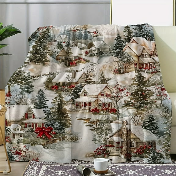 Vintage Winter Village Scene Flannel Throw Blanket – Digital Print Cozy Soft Warm Multipurpose All-Season – Ideal for Sofa Bed Office Camping & Travel – Knitted Craftsmanship 59x78.7 inches