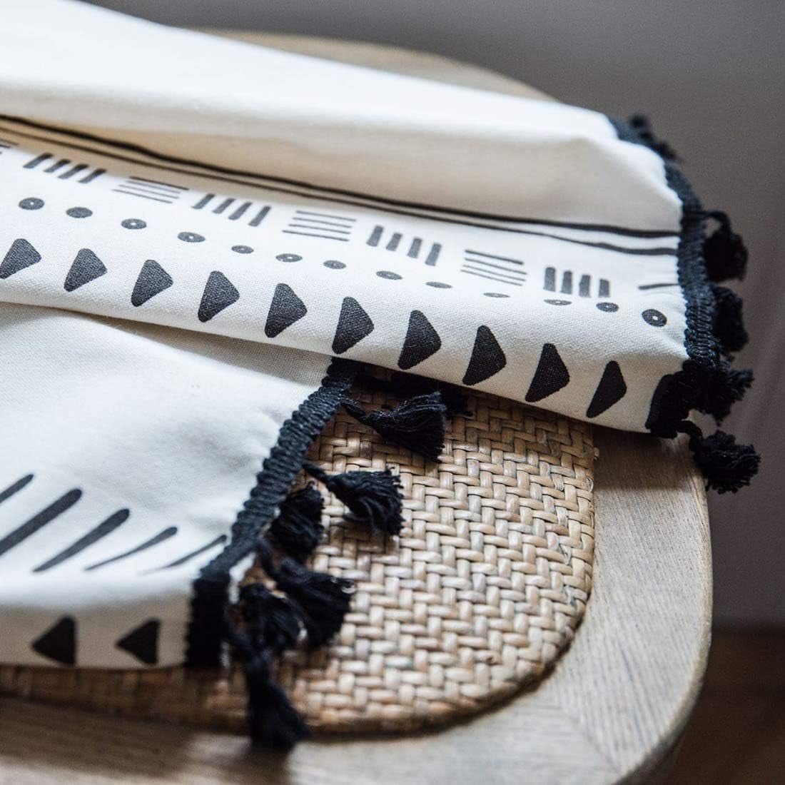 Boho Window Curtain Panel with Tassels Black Striped Geometric Print Country Style Cotton Linen Room Darkening Curtain Panel for Bedroom Living Room Rod Pocket Top