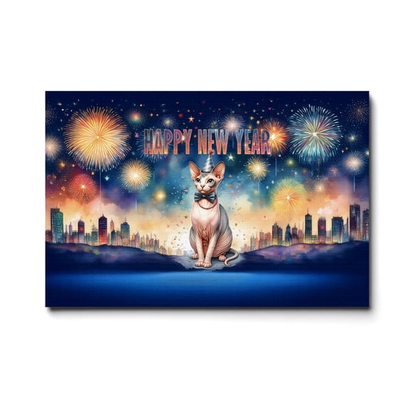 Happy New Year with Sphynx Fireworks Holiday Xmas Winter 2025 Horizontal Matte Canvas Poster Cat Lover Kitten Owner Gifts Idea Wall Art Home Decor - 00025