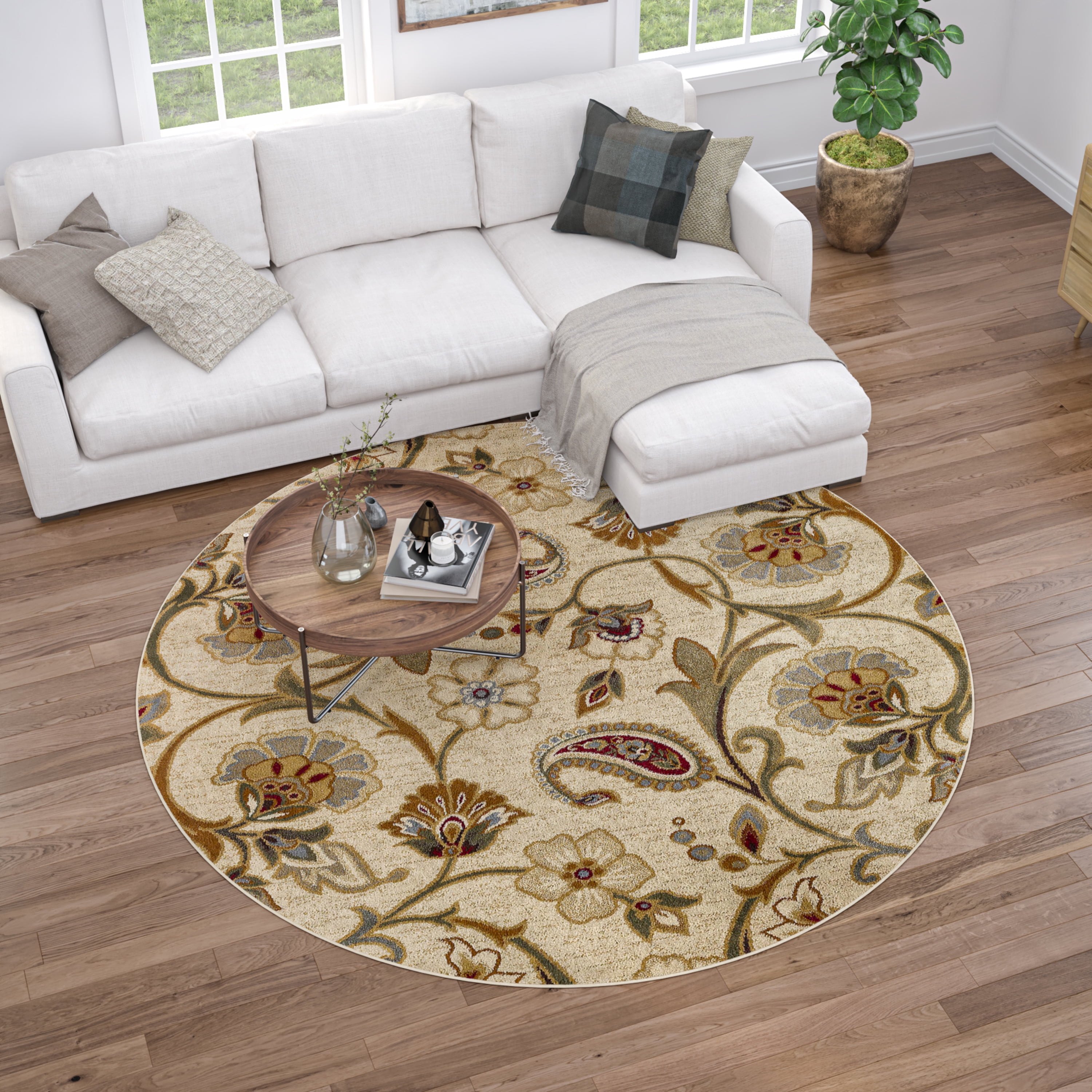 Impressions Transitional 8' Round Beige and Green Polypropylene Indoor Area Rug