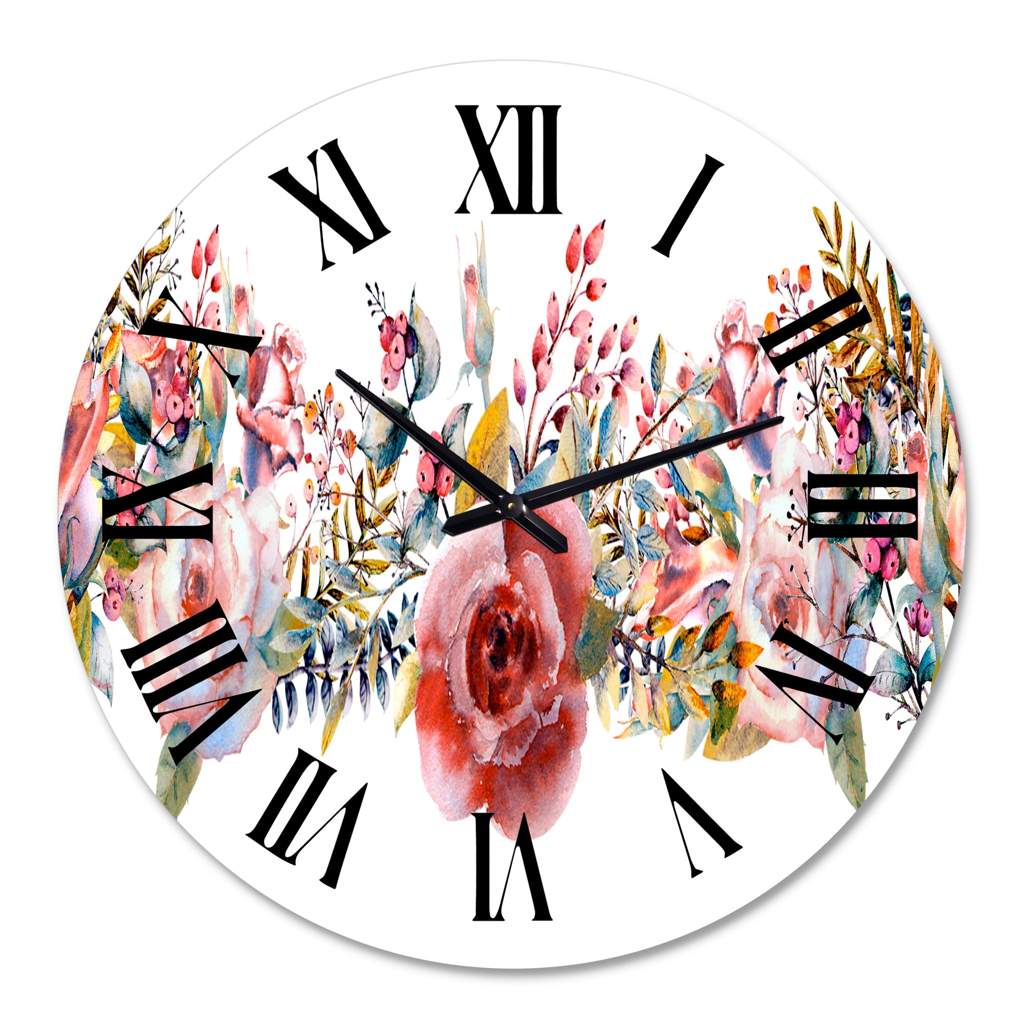 Designart 'Pink Roses And Wildflower' Farmhouse Wall Clock
