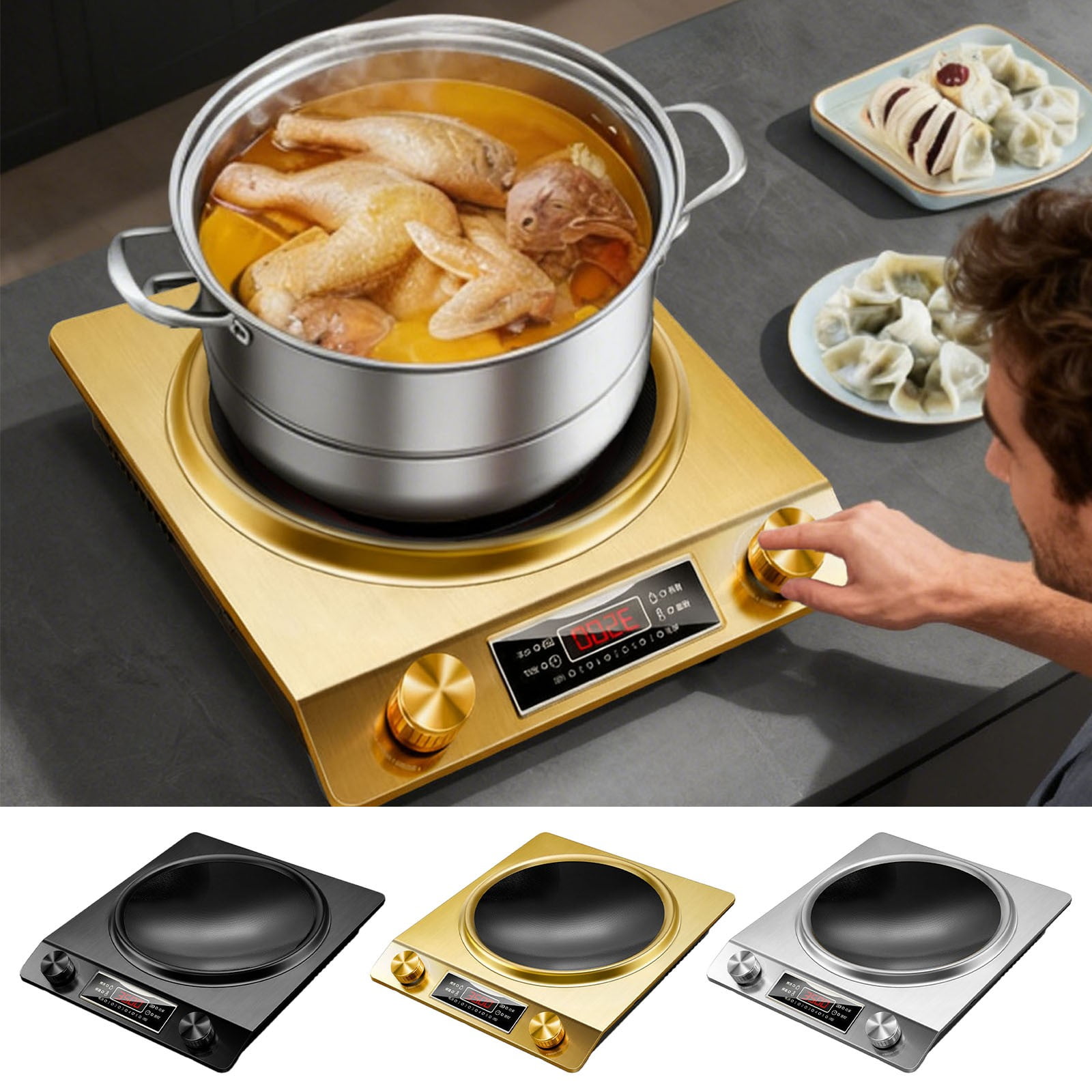 3500W Commercial Induction Cooktop - Portable Multifunctional Design with LCD Display, Knob Control, 10 Temp Settings & Concave Coil for Home/Restaurant/Food Truck,Black