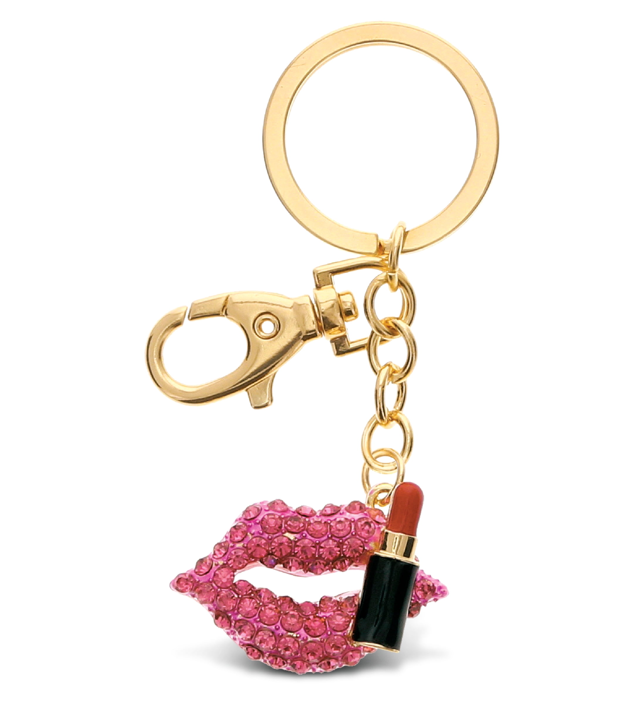 Aqua79 Pink Red Lips & Lipstick Keychain - Gold 3D Sparkling Charm Rhinestones Fashionable ...