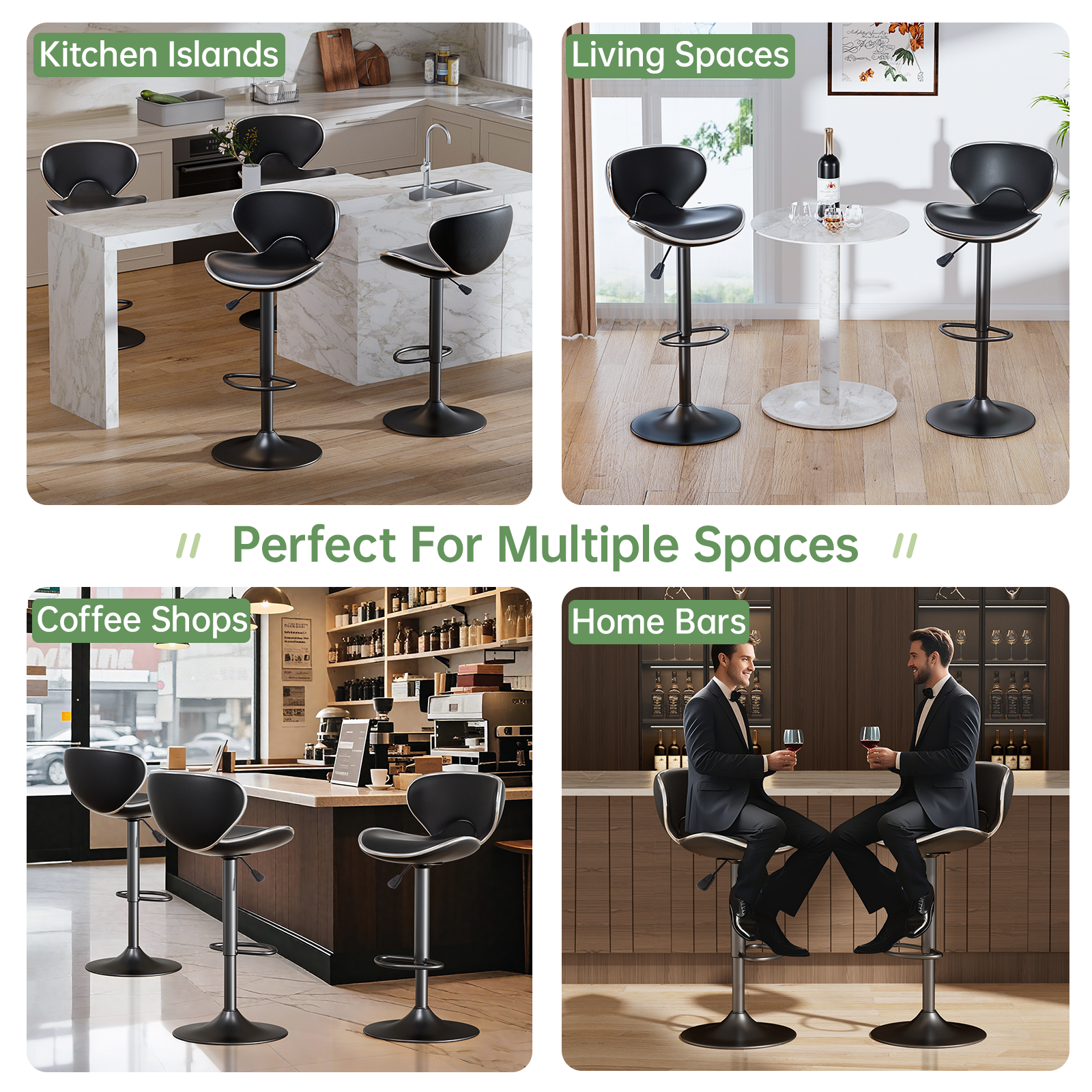 Bar Stools Set of 4, PU Leather Adjustable Swivel Bar Chairs for Kitchen Counter Island, Modern Armless Shell-Shaped Counter Height Stools for Dining Room Café Pub (Black, Black Base)