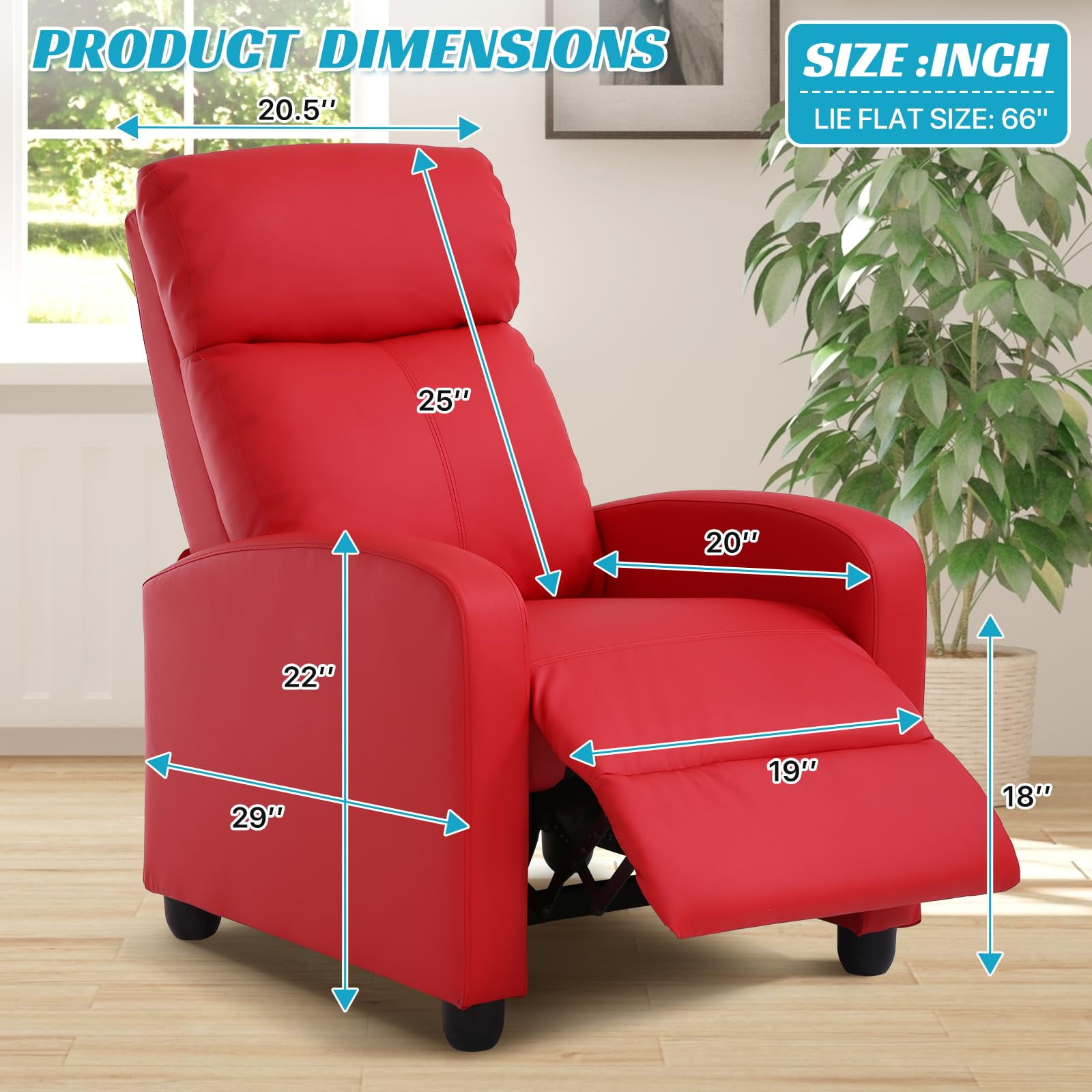 NiamVelo Recliner Chair for Adults, PU Leather Recliner Sofa with Lumbar Support, Adjustable Modern Reclining Chair with Padded Seat Backrest for Home, Living Room, Theater （Red）