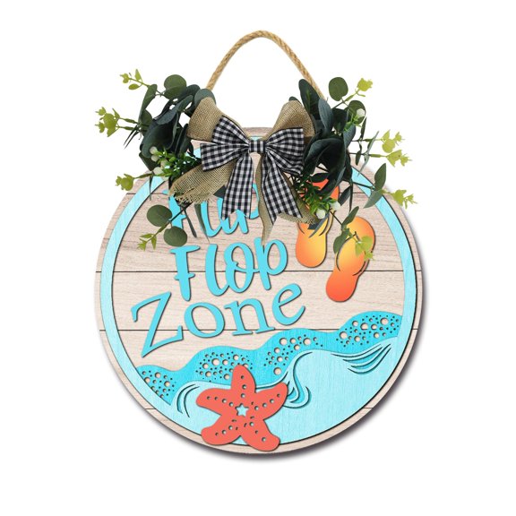 Flip Flop Zone Wooden Front Door Sign Rustic Round Wreath Wall Hanger Porch Decor Spring and Summer Farmhouse Decoration Housewarming Gift 12 Inches