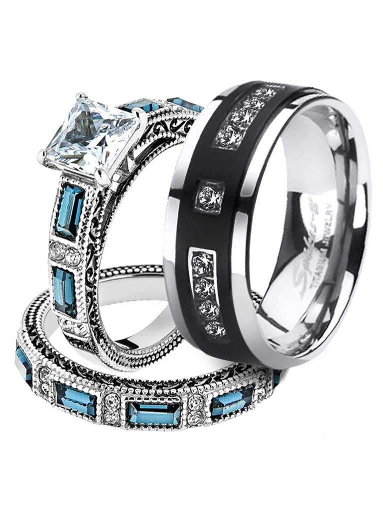 Marimor Jewelry His & Her Stainless Steel 2.60 Ct Cz Bridal Set & Mens Titanium Wedding Band