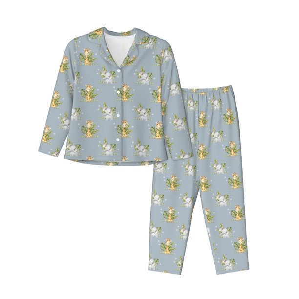 Balery Baby Elephant Giraffe Conjunto de Pijama con Estampado para Mujer, Conjunto de Dos Piezas con Manga Larga, Ropa de Dormir Suave con Bolsillos, Pijamas Cómodos-X-Large