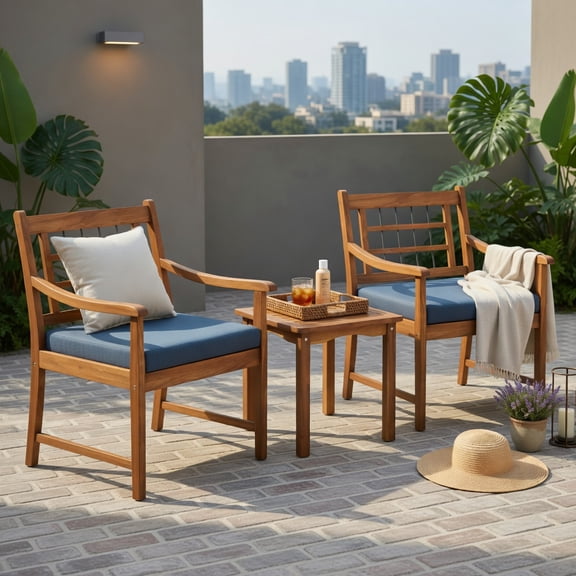 Hommoo 3-Piece Acacia Wood Patio Furniture Set, Cushioned Outdoor Chairs Matching Coffee Table for Backyard, Poolside & Balcony, Gray