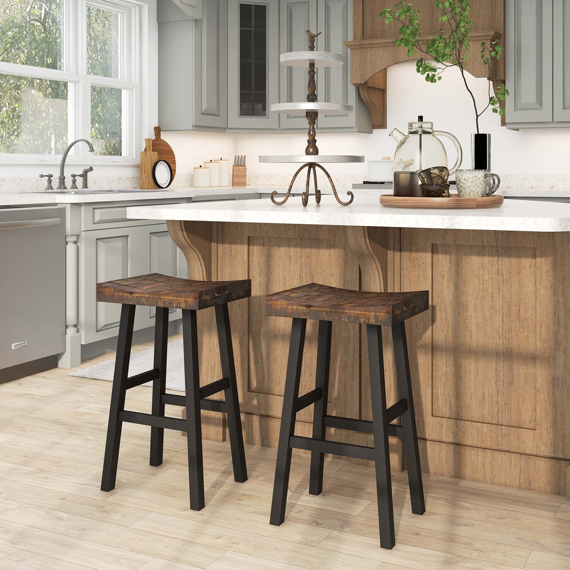 Costway 29" Bar Stool Set of 2 Bar Height Solid Wood Curved Saddle Seat Footrest