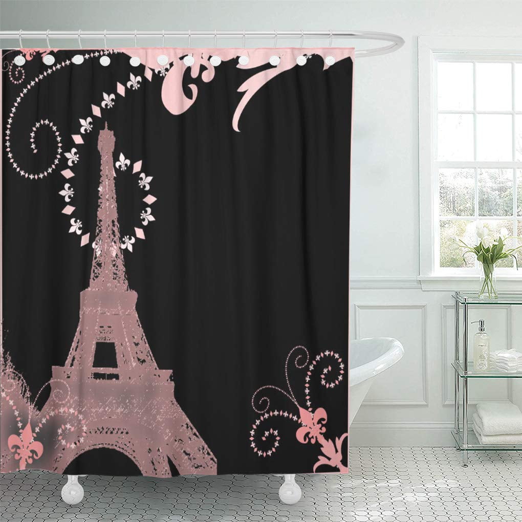 Cherry and Eiffel Tower Shower Curtain Bedroom Waterproof Fabric & 12hook 71*71" 