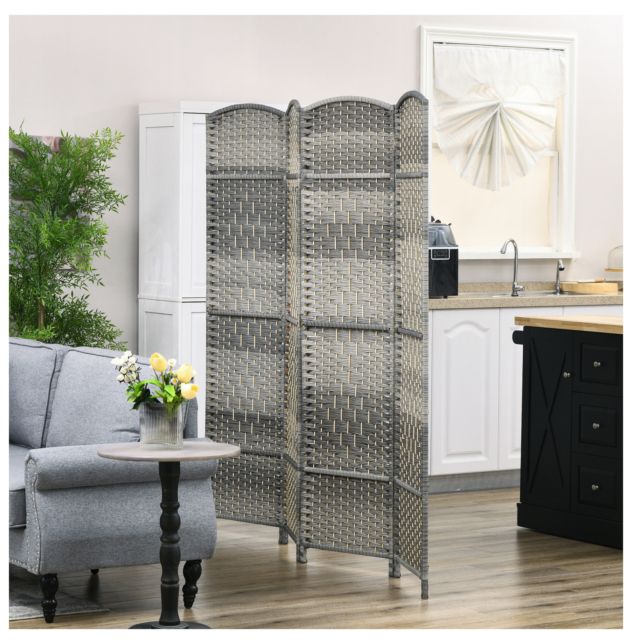 HOMCOM 4 Panel Room Divider, 6' Tall Folding Privacy Screen, Hand-Woven Freestanding Wood Partition for Home Office, Bedroom, Mixed Gray