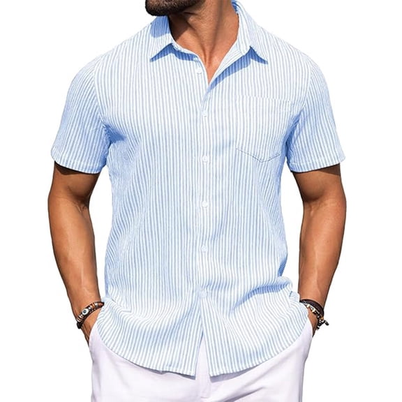 GUZOM Mens Short Sleeve Button Down Shirt - Blue Striped Casual Relaxed Fit, Breathable Cotton Blend Wrinkle Resistant for Vacation & Everyday Wear Button Up Shirt,Size M