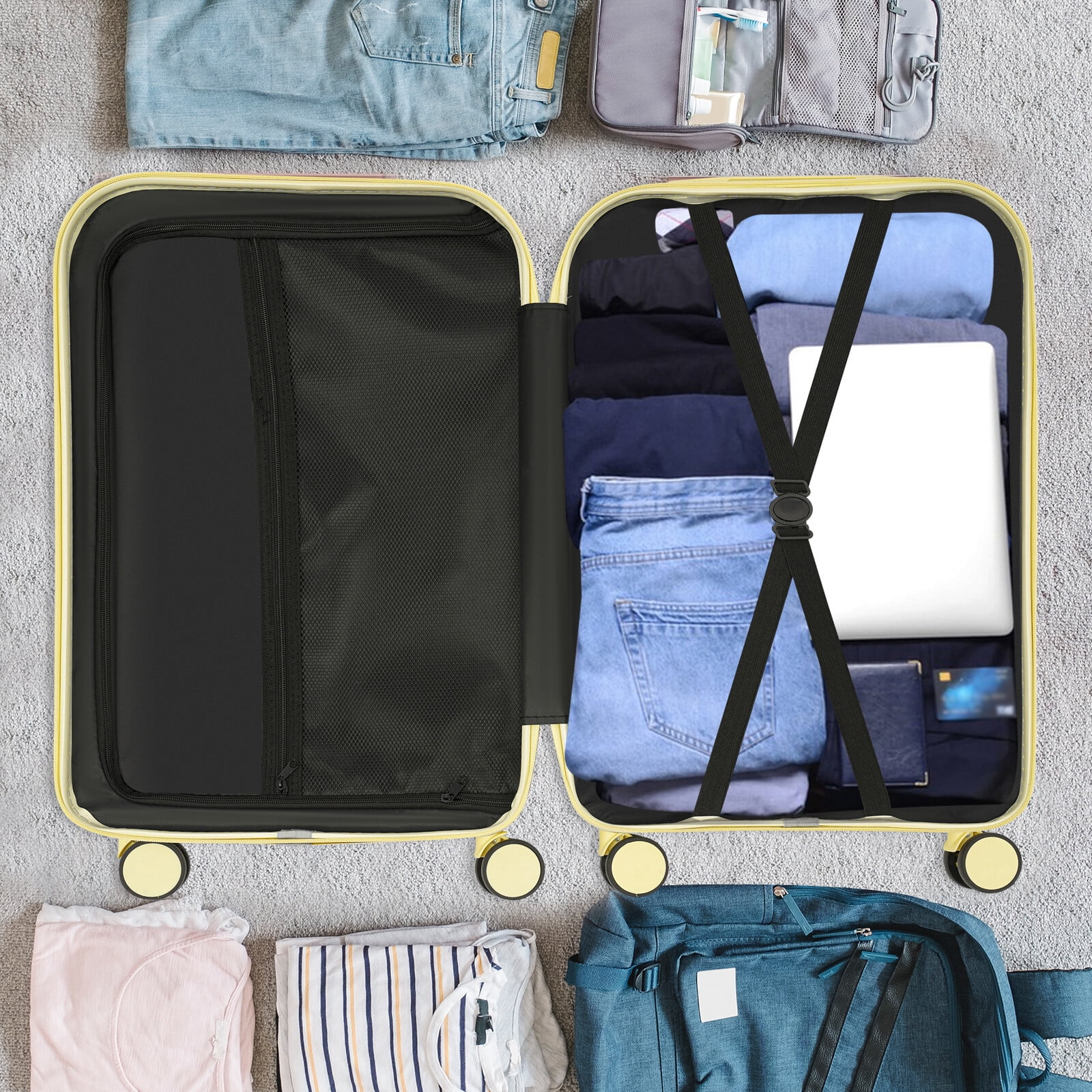 Light Yellow 24 inch Carry On Luggage, Checked Luggage with Cup Holder & Spinner Wheels Carry On Suitcase Airline Approved with USB Interface Lightweight Travel Luggage Suitcase