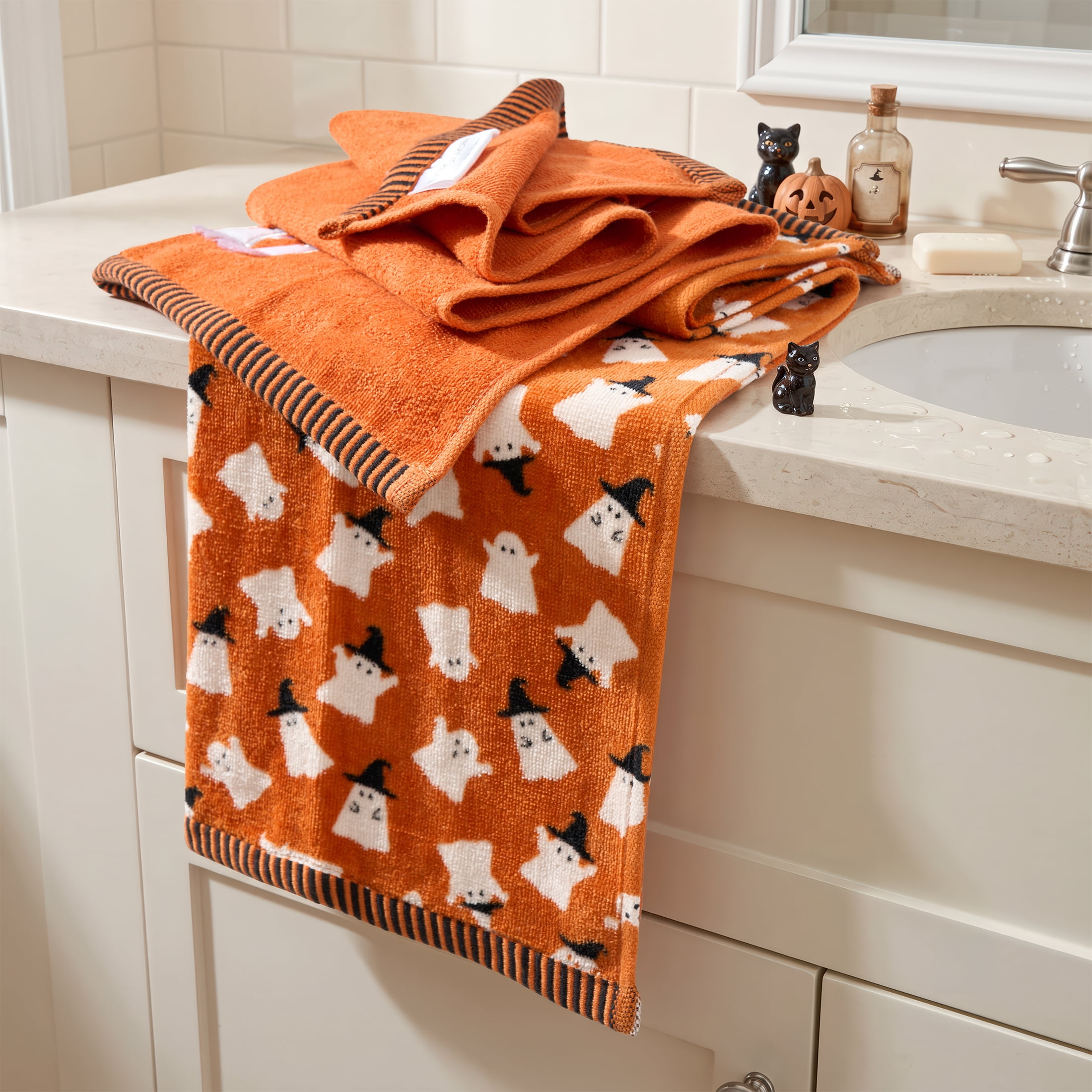 Evergrace Halloween 2 Piece Hand Towel Set, 100% Cotton, Ghost, Orange 16"x26"