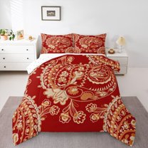 Homewish Vinatbe Red Paisley Full Size Comforter Sets, Western Hippie Bohemian Bedding Comforter Set, Rustic Damask Floral Reversible Bedding Sets, Lightweight Room Decor, 3 Pieces