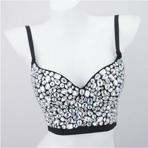 Women‘s Bra Handmade Rhinestone Shining Push up Bustier Club Party Bra Cropped Top Vest(WHite)