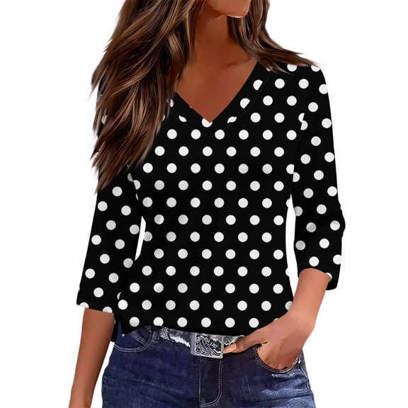 Women's Tops Shirts Blouses Fashionable Casual Polka Dot Print V-Neck Three Quarter 3/4 Sleeve Slit Hem Daily Wear Office Vacation 2025 Trendy Regular Fit T-Shirt Black B L