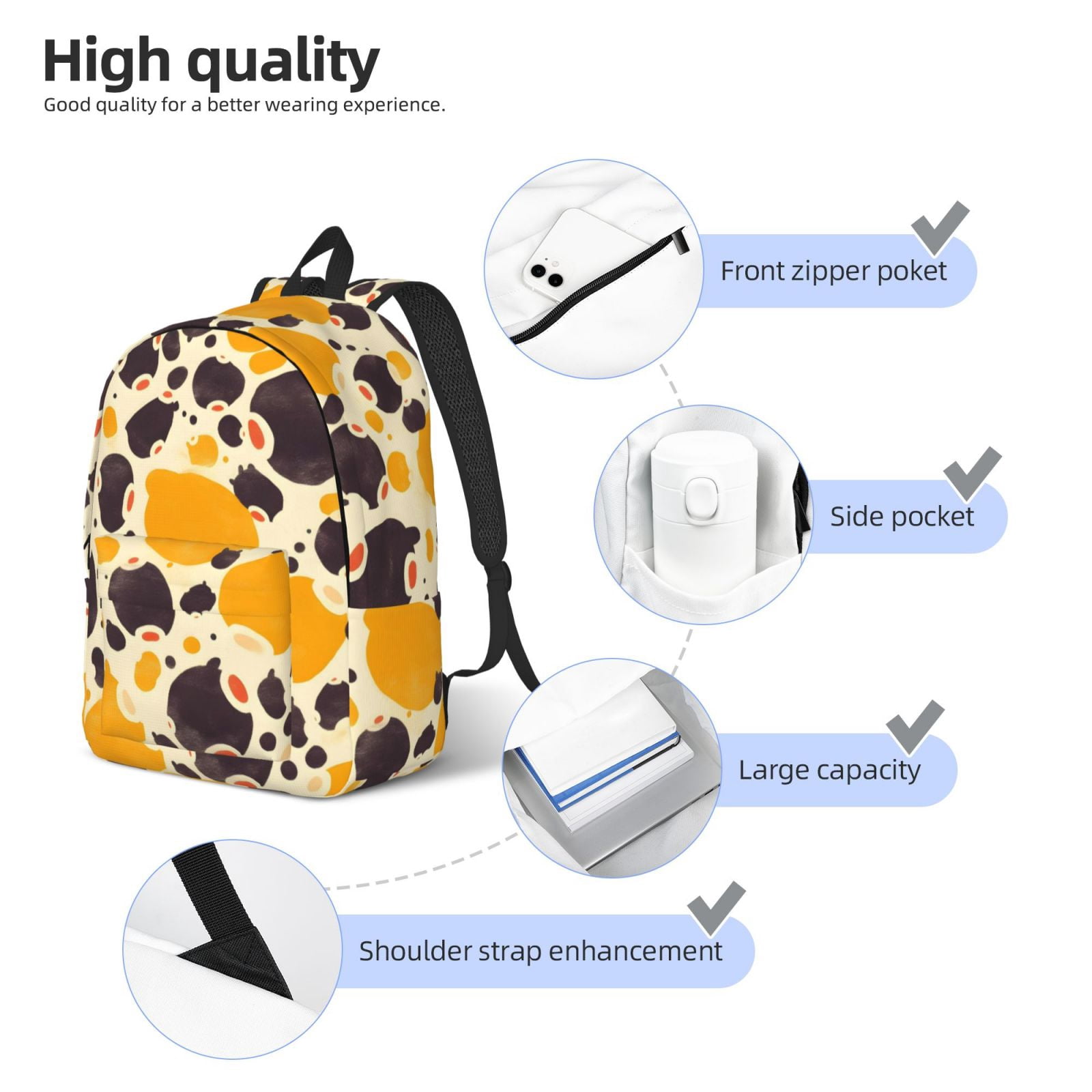 Casual Canvas Backpack Without Interlayer Large Capacity Stick Bag Design For Outdoor Shopping Office Outdoor Sports Milk Cow Print Style Sienna_3 Small