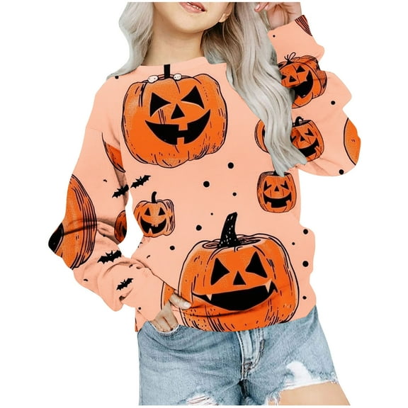 Odeerbi Kids Girls Halloween Crewneck Sweatshirts Fall Winter Pullover Sweatshirt 1-12 Years Halloween Printed Long Sleeve Sweatshirt Kids Clothes Pink