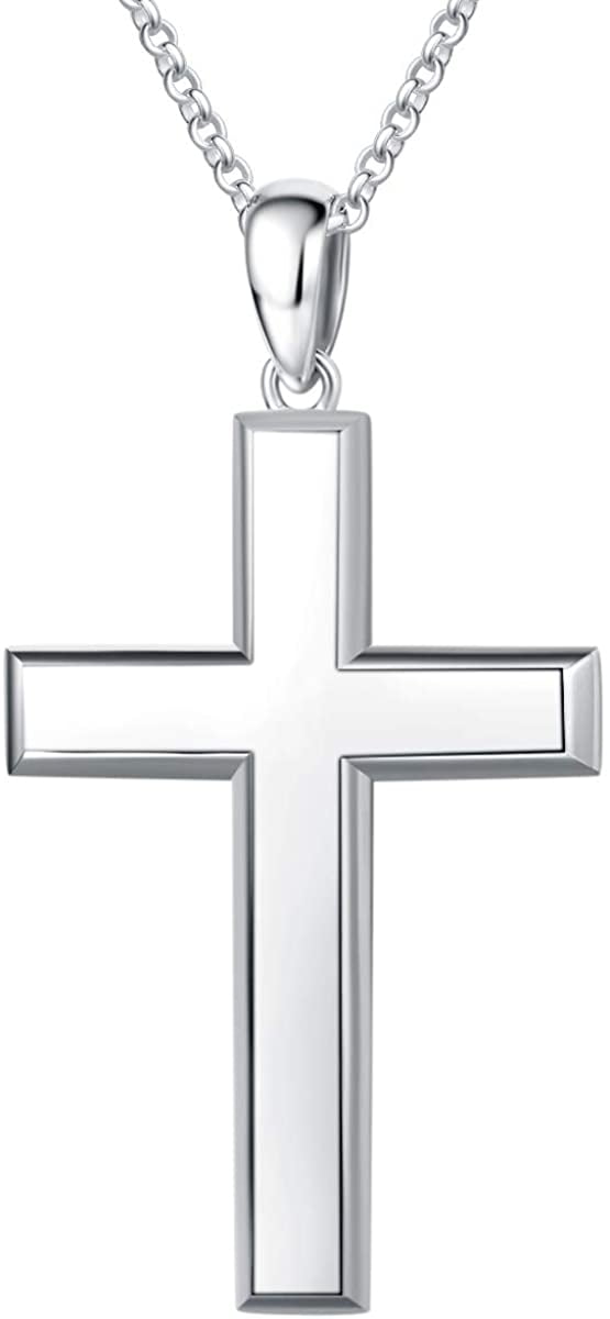 Fancime White Gold Plated 925 Solid Sterling Silver High Polished Cross Crucifix Pendant Long Necklace Fine Jewelry for Men Boys, Durable Silver Rolo Chain Length 20'