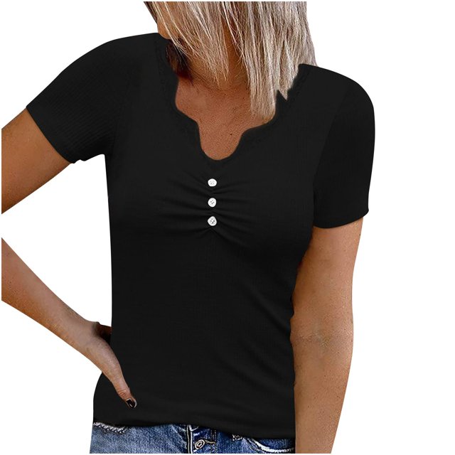 Camiseta de manga corta suelta con cuello en V de encaje sólido a la moda para mujer Pompotops hkajfhjk471002
