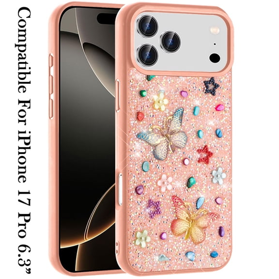 XPM for Apple iPhone 17 Pro (6.3") Phone Case, Diamond Butterfly 3D Glitter Bling Design, Slim Hybrid Sparkle Protective Cover TPU for Women Girls Cover for iPhone 17 Pro (Light Pink)