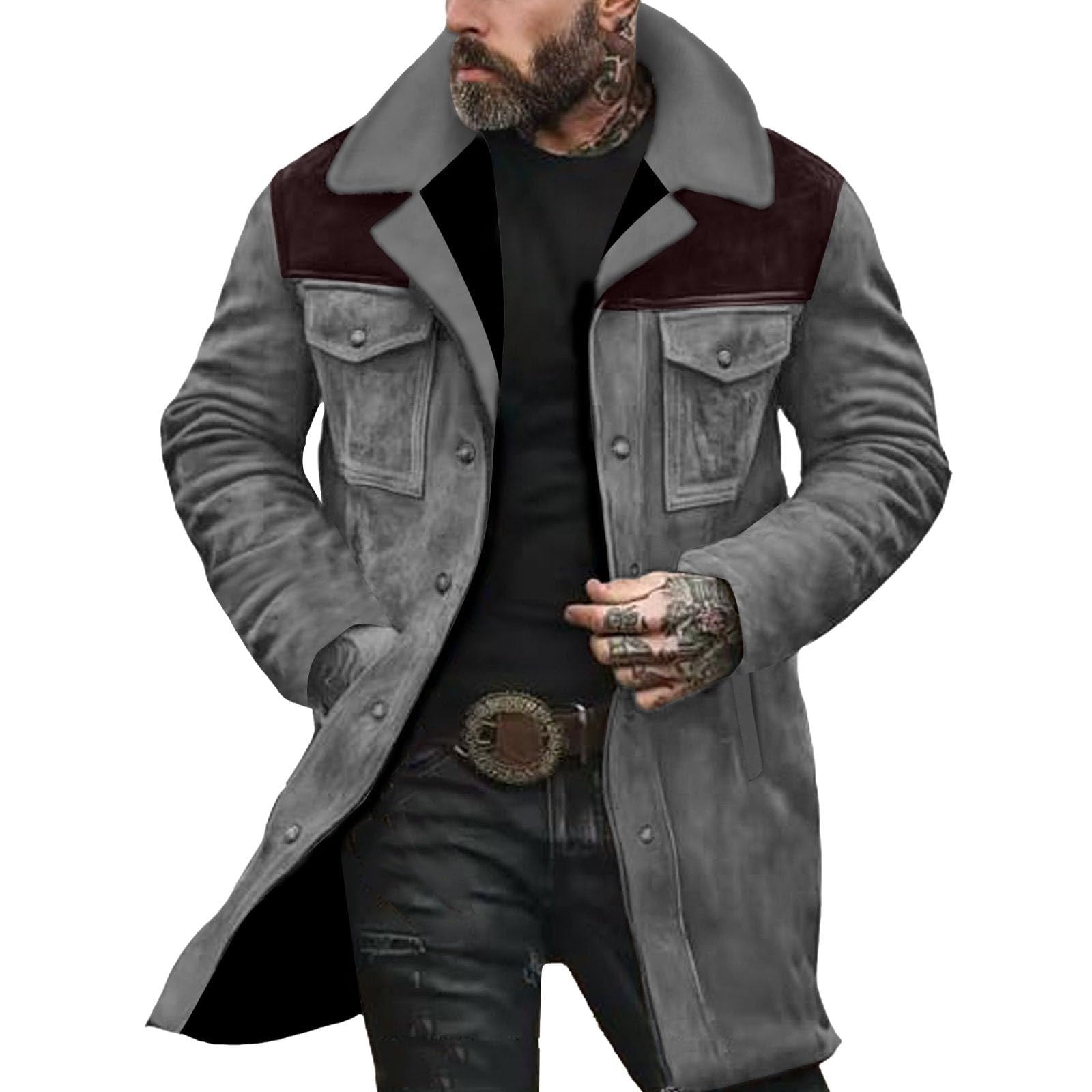 DUMUIELD Western Jackets for Men Vintage Cowboy Suede Jacket Plush Collar Trench Coats Faux Leather Zip Up Casual Winter Tops Gray,M