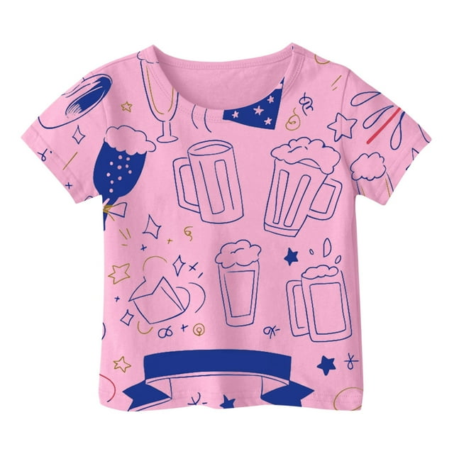 NINGMENG Juniors Filles Hauts et T-Shirts Été Imprimé Dessin Animé Col Rond Manches Courtes Ample Décontracté Sport de Plein Air Chandail T-Shirts Tenue de Vacances, Rose, 12-13 Ans